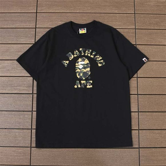BAPE Yellow Monkey and Letter APE Logo T-Shirt - Black Short Sleeve